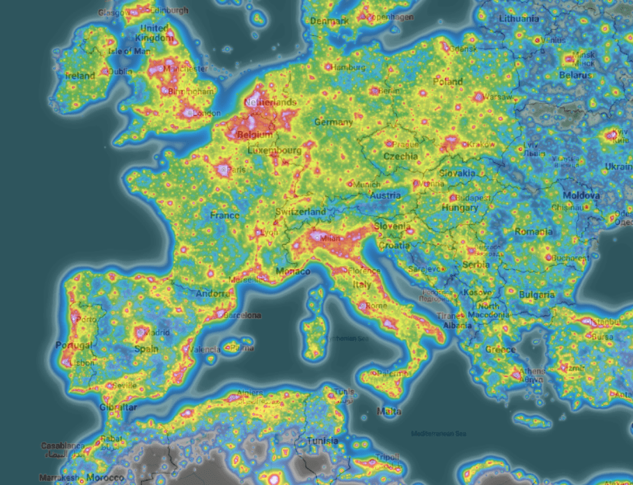 mapa contaminación lumínica en europa