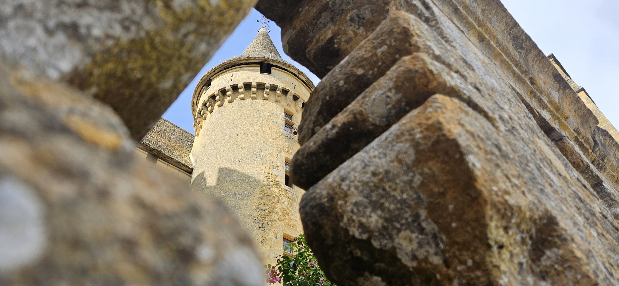 Vista exterior del Castillo de Puymartin, una fortaleza medieval y renacentista de color ocre claro. Se aprecian varias torres cónicas y muros de piedra, rodeados de frondosa vegetación y árboles podados en forma de topiario. El cielo está parcialmente nublado. Algunas personas se ven a la izquierda, disfrutando del paisaje