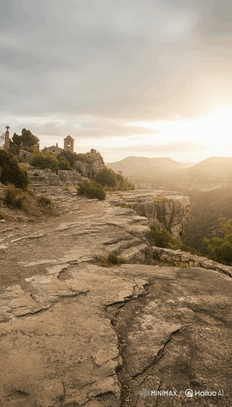 Vista panorámica del pueblo de Siurana, Cataluña, al atardecer, con la iglesia y las ruinas del castillo sobre el acantilado. Vistas del pantano y el Montsant. Ideal para senderismo y escalada en las Montañas de Prades.