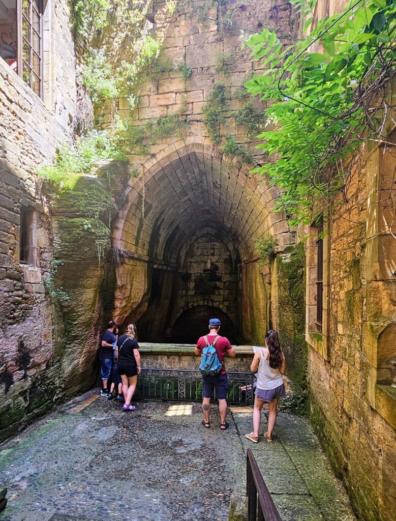 La antigua Fontaine Sainte-Marie de Sarlat-la-Canéda, una fuente medieval ubicada dentro de una gruta que fue la base del asentamiento de la ciudad. Muestra la gran bóveda de piedra ocre con vegetación en las paredes.