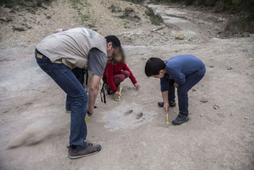 Grupo de personas y niños observando y limpiando huellas reales de dinosaurio en el suelo del Geoparque Orígens, Lleida. La cara de la menor está difuminada por privacidad. Turismo científico y actividad paleontológica.