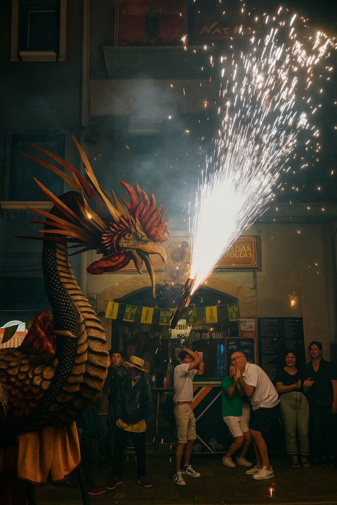 El Basilisc de Mataró lanzando pirotecnia durante un correfoc nocturno en Cataluña, con espectadores cubriéndose de las chispas en una calle estrecha.