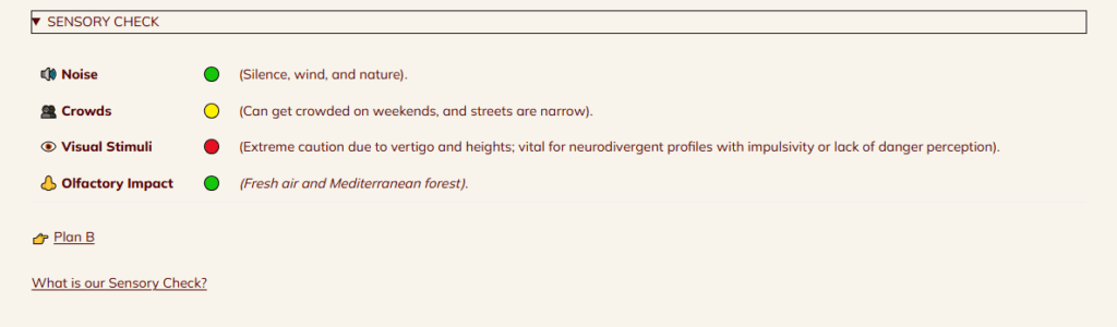 Sensory Check infographic detailing four planning pillars: When to go, Logistics for car, Logistics for motorhome, and what to pack.