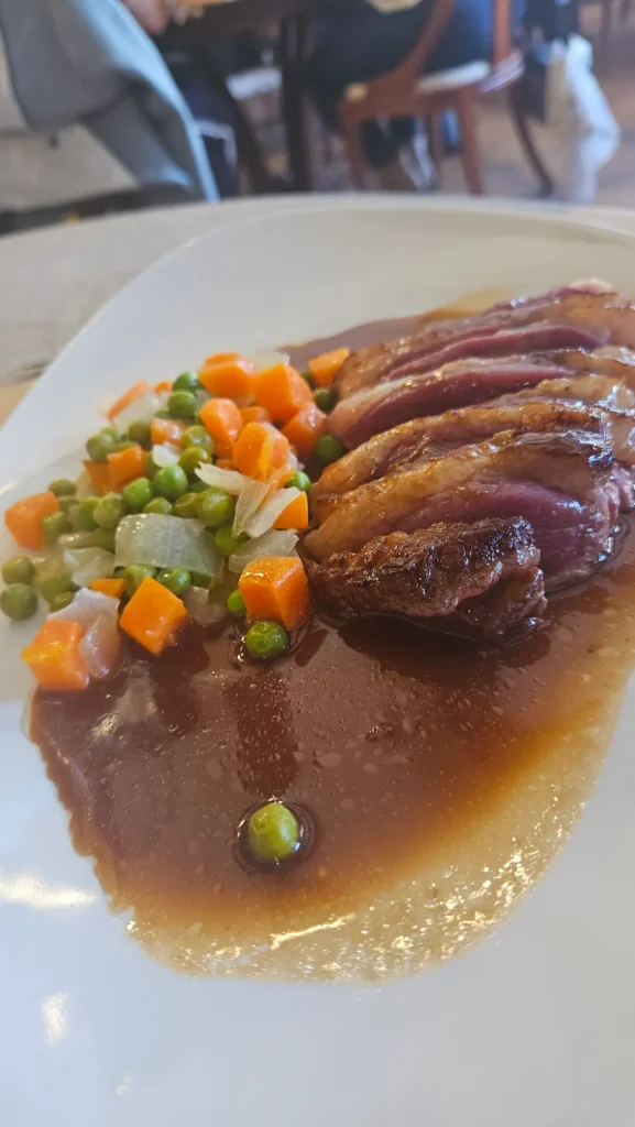 Plato de magret de pato tradiciones del Périgord Noir trinchado en su punto, acompañado de una salsa oscura y una guarnición de verduras, plato típico de la Dordoña
