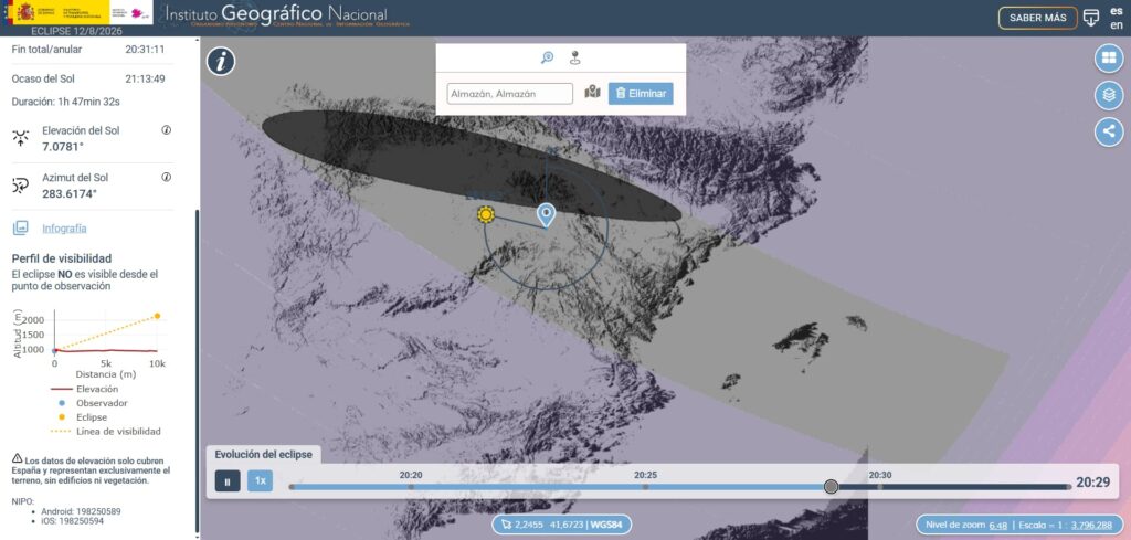 Mapa interactivo oficial del IGN con la trayectoria y franja de visibilidad del eclipse 2026 en la península ibérica.