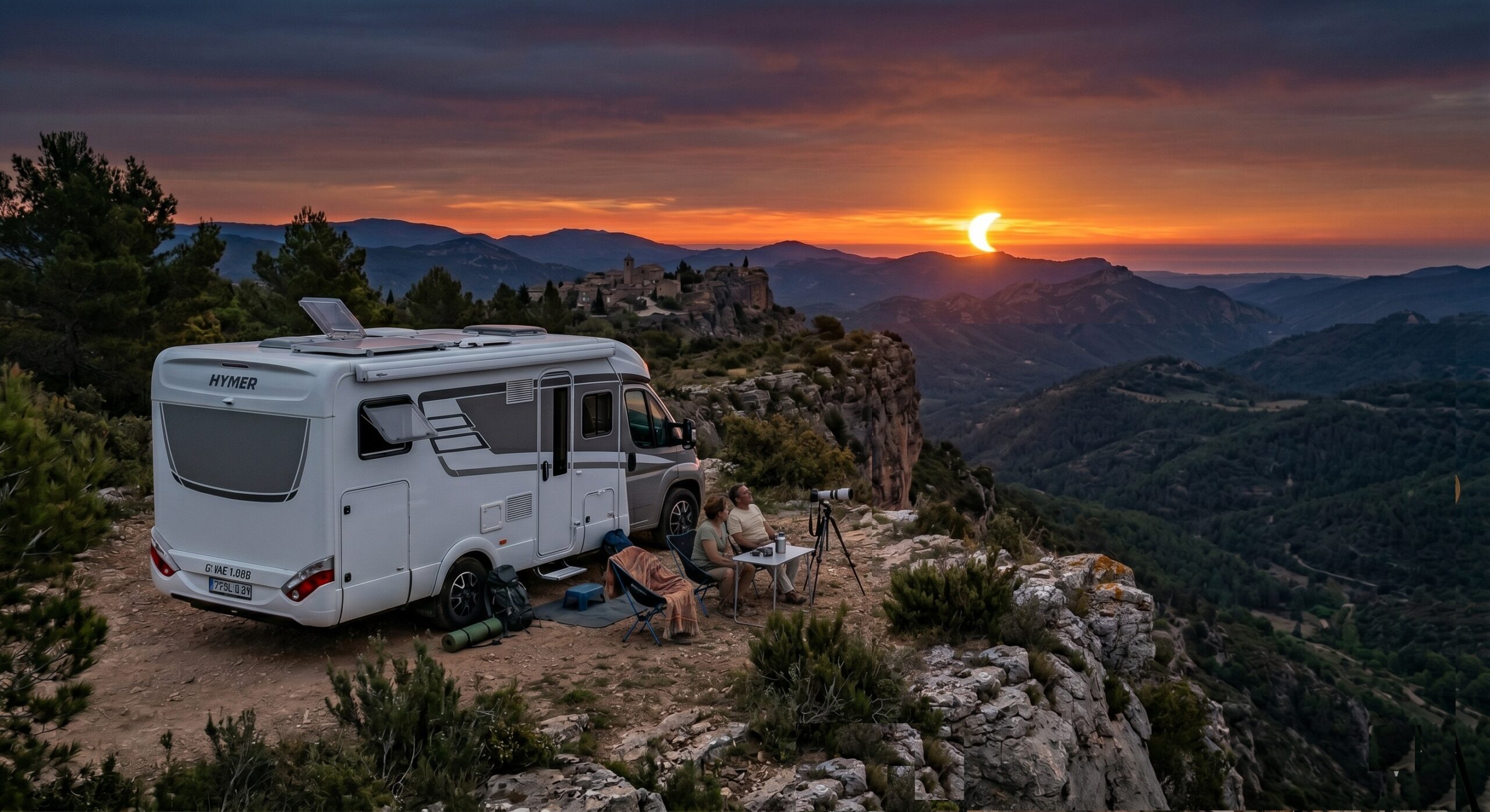 Pareja de viajeros en autocaravana observando el eclipse solar 2026 con gafas homologadas desde un acantilado en las Montañas de Prades. Una de las hidden gems para astroturismo.